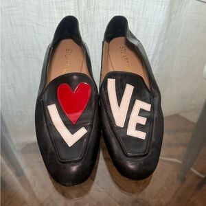 Stuart Weitzman Black Loafers with Red Heart and White Letters